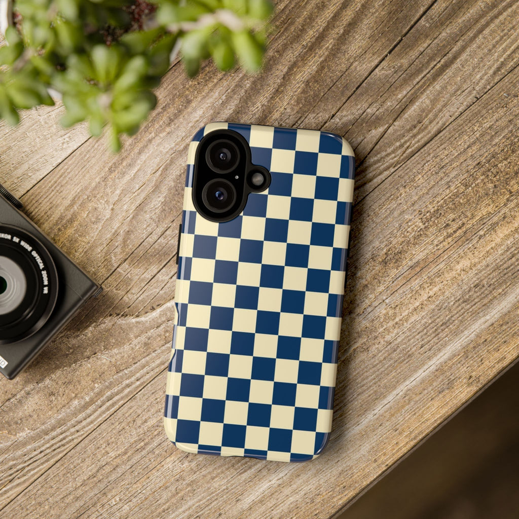 Checkerboard Phone Case — Retro Navy & Cream Protective Tough Case
