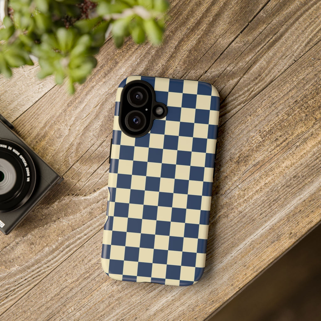 Checkerboard Phone Case — Retro Navy & Cream Protective Tough Case